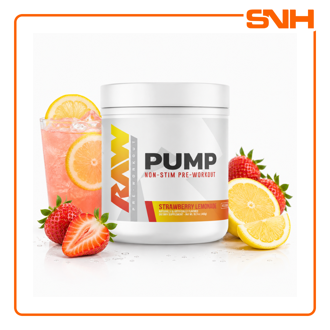 RAW Nutrition Pump Non-Stim Pre-Workout tub, US-made caffeine-free pre-workout with L-Citrulline, Agmatine, and Nitrosigine for pumps
