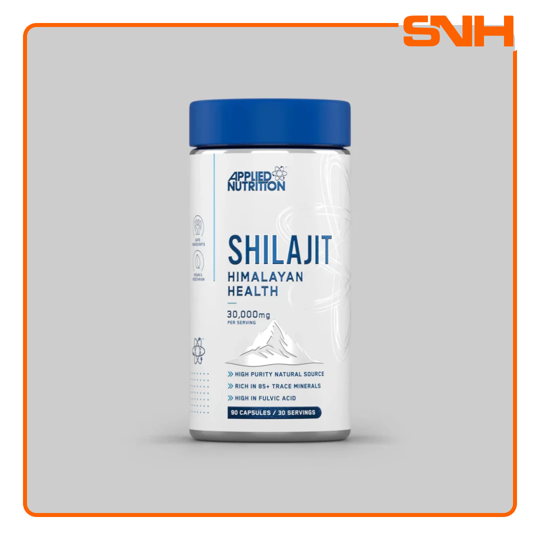 Applied Nutrition Pure Shilajit capsules bottle, UK-made halal Himalayan Shilajit energy and wellness adaptogen with 20:1 extract and Fulvic Acid