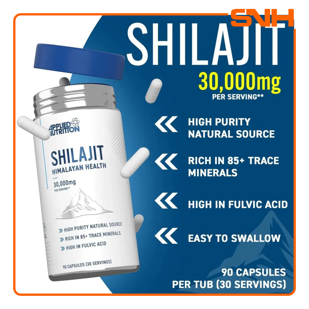 Applied Nutrition Pure Shilajit capsules bottle, UK-made halal Himalayan Shilajit energy and wellness adaptogen with 20:1 extract and Fulvic Acid