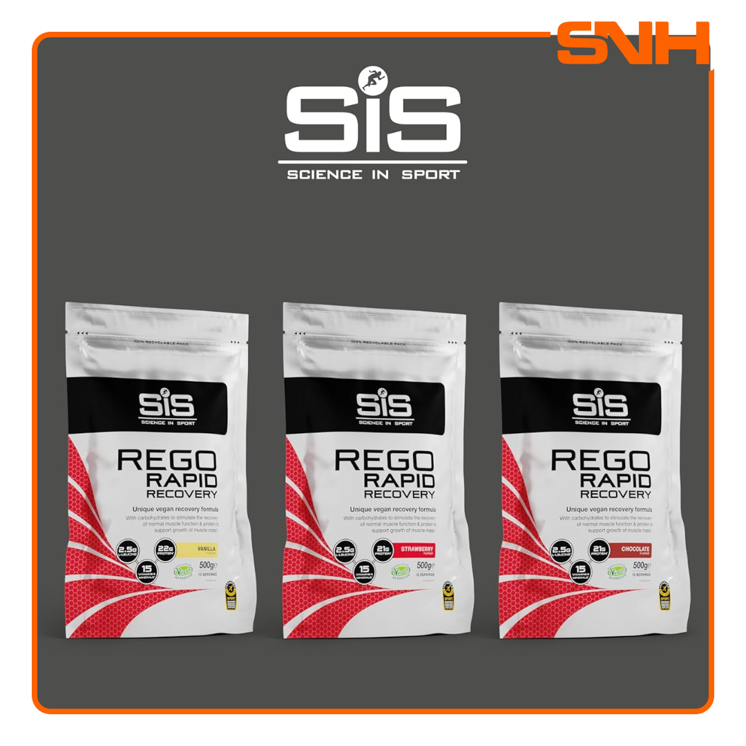 Science In Sport REGO Rapid Recovery Powder tub, UK-made post-exercise recovery powder with 22g carbs and 20g protein per 50g serving