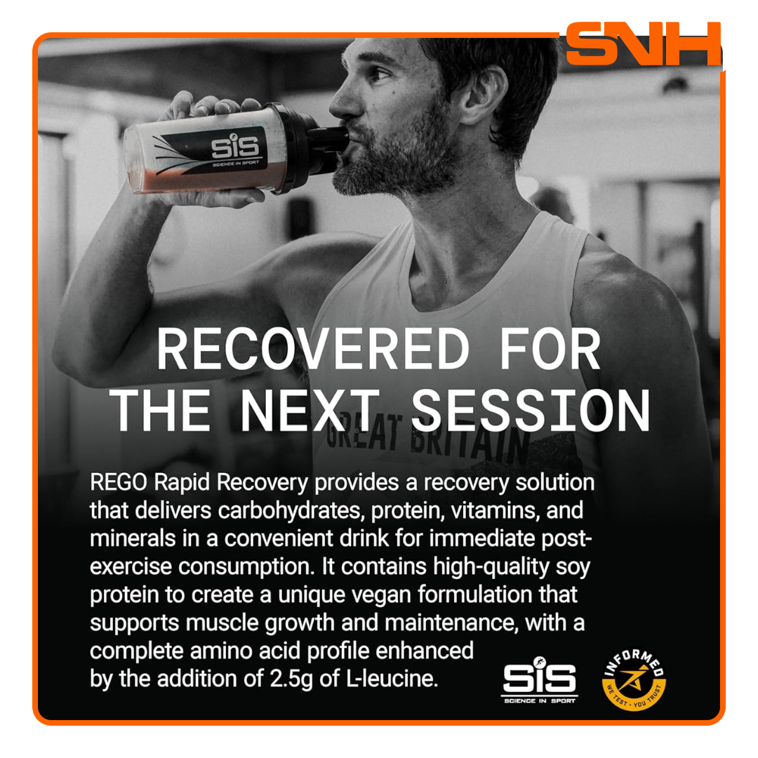 Science In Sport REGO Rapid Recovery Powder tub, UK-made post-exercise recovery powder with 22g carbs and 20g protein per 50g serving