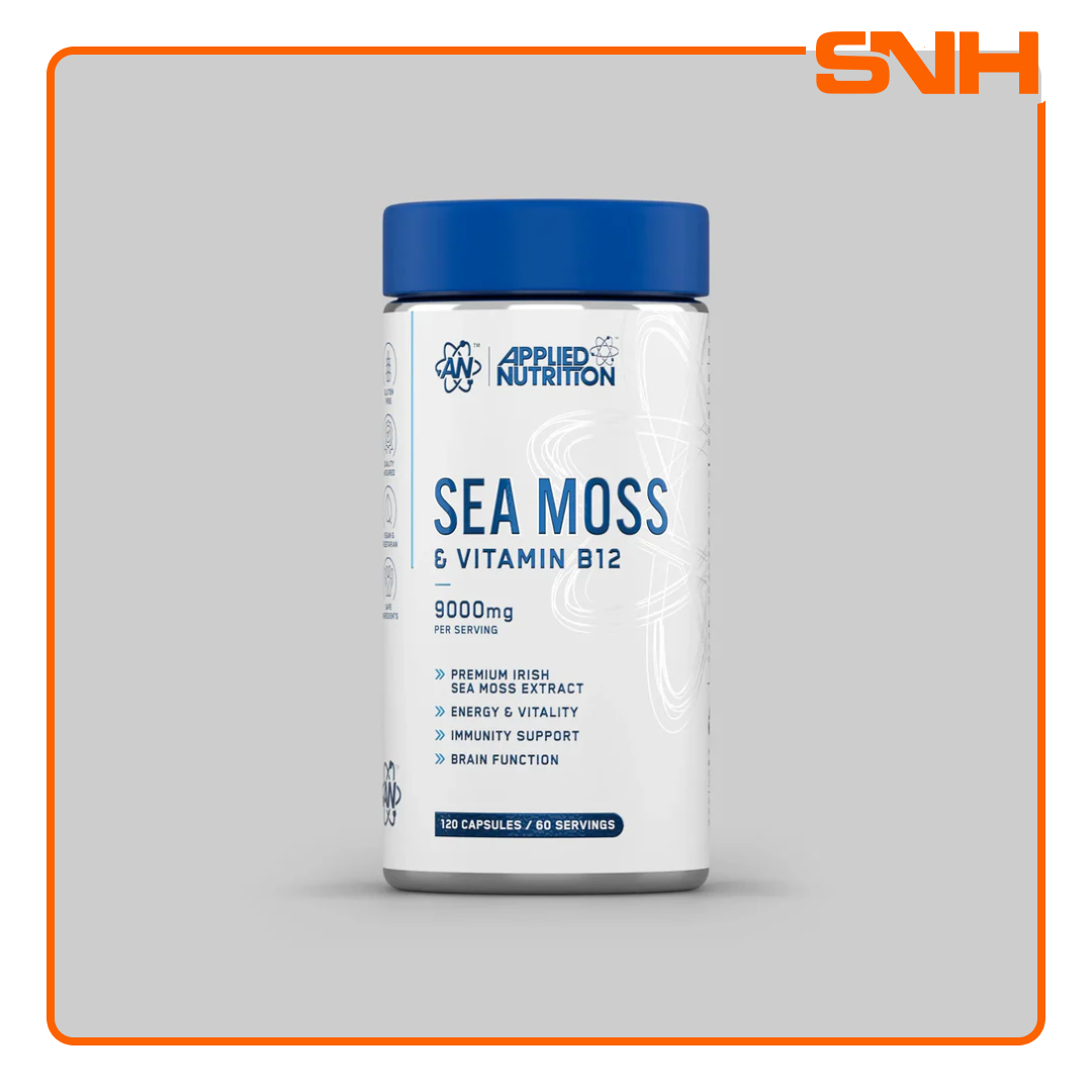 Applied Nutrition Sea Moss & Vitamin B12 capsules bottle, UK-made daily immune support with Irish Sea Moss extract and B12 per serving