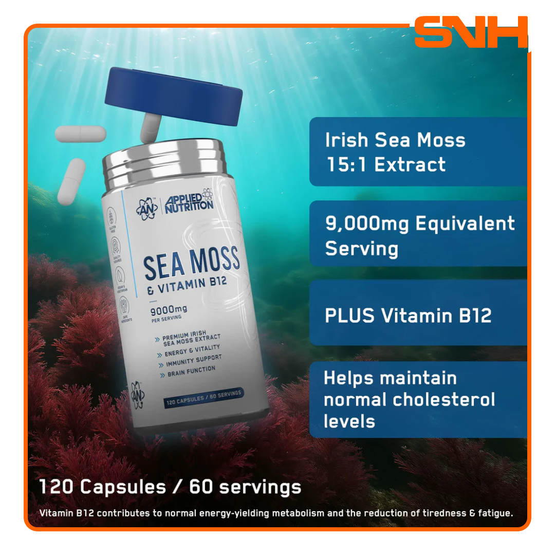 Applied Nutrition Sea Moss & Vitamin B12 capsules bottle, UK-made daily immune support with Irish Sea Moss extract and B12 per serving