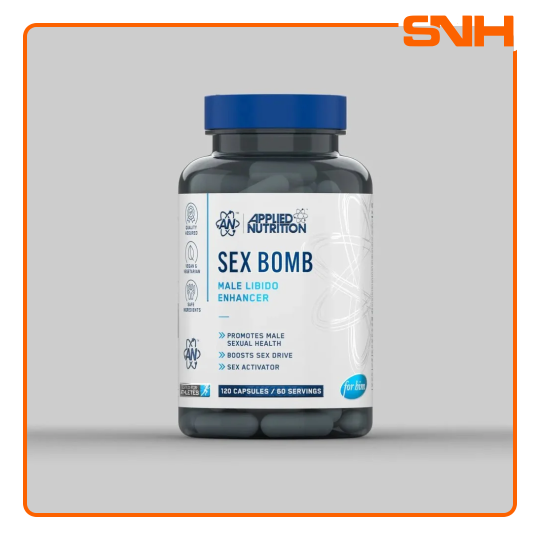 Applied Nutrition Sex Bomb For Him capsules bottle, UK-made daily libido enhancer with L-Arginine, Maca, Tribulus, and Zinc per serving