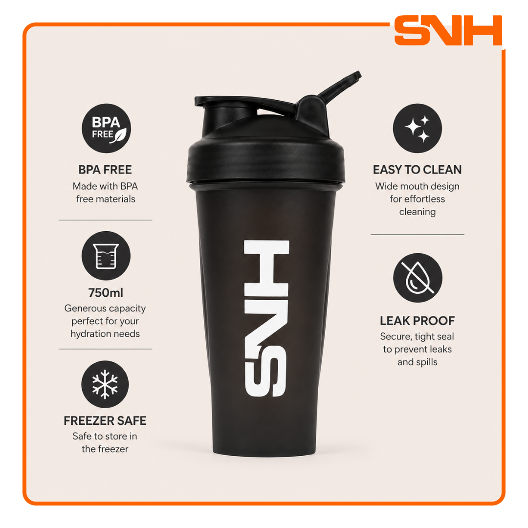 SNH Shaker Bottle 750ml in white, BPA-free leak-proof shaker bottle for protein, pre-workout, and daily training use