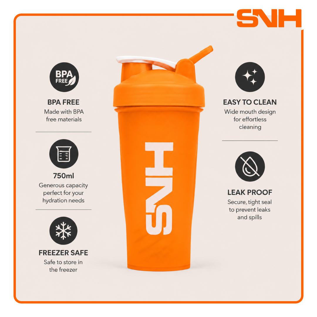 SNH Shaker Bottle 750ml in white, BPA-free leak-proof shaker bottle for protein, pre-workout, and daily training use