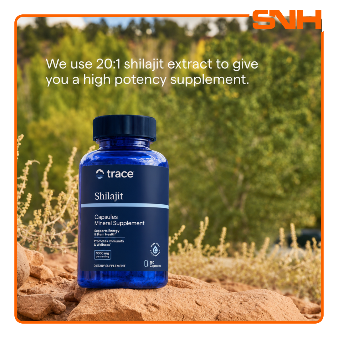 Trace Shilajit Capsules bottle, US-made daily Himalayan shilajit in capsule format with 75% fulvic acid and ConcenTrace mineral complex