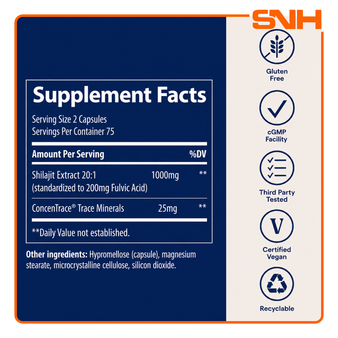 Trace Shilajit Capsules bottle, US-made daily Himalayan shilajit in capsule format with 75% fulvic acid and ConcenTrace mineral complex
