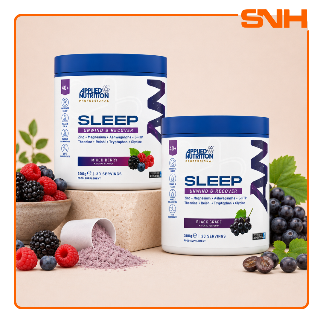 Applied Nutrition Sleep Support Supplement tub, UK-made natural sleep support drink with Magnesium, L-Theanine, 5-HTP, and Ashwagandha