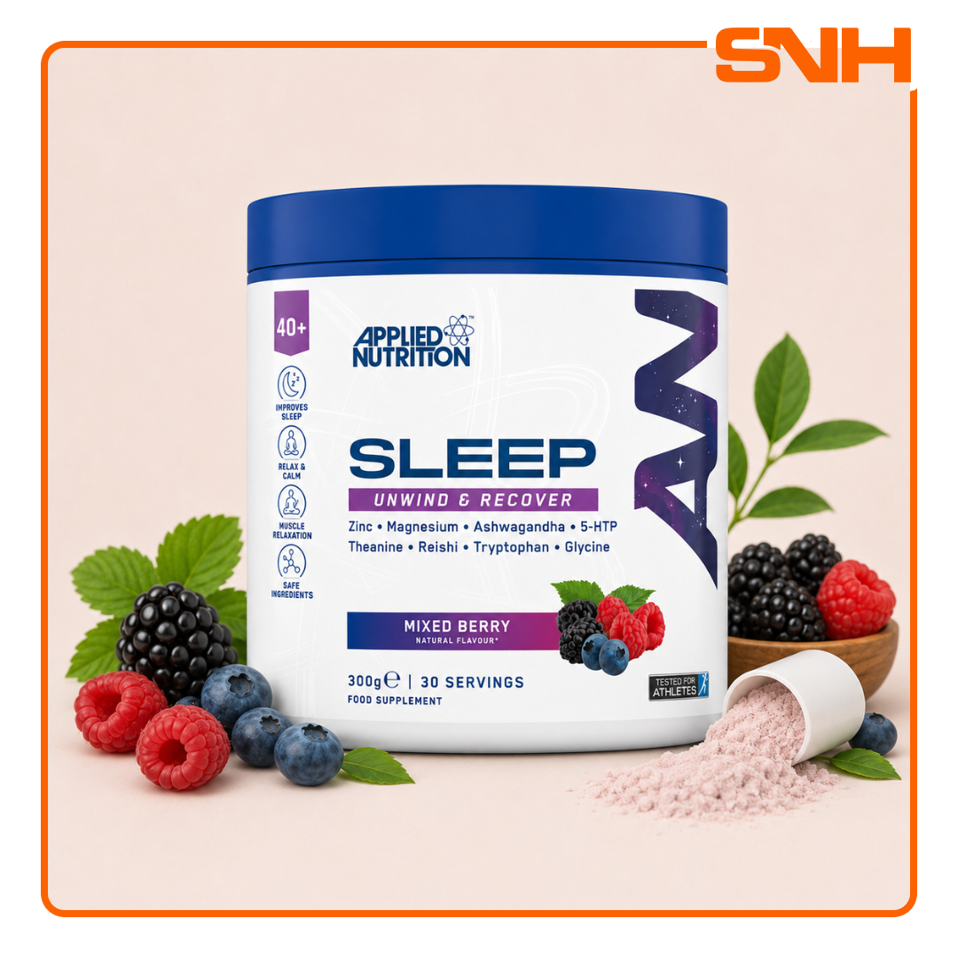 Applied Nutrition Sleep Support Supplement tub, UK-made natural sleep support drink with Magnesium, L-Theanine, 5-HTP, and Ashwagandha
