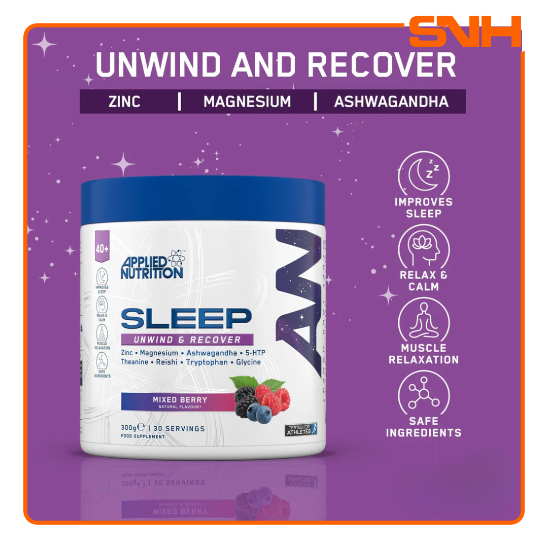 Applied Nutrition Sleep Support Supplement tub, UK-made natural sleep support drink with Magnesium, L-Theanine, 5-HTP, and Ashwagandha