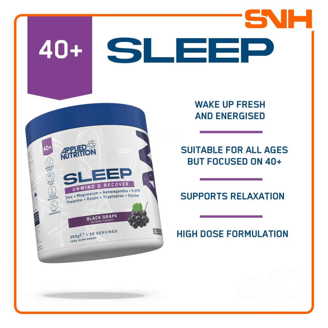 Applied Nutrition Sleep Support Supplement tub, UK-made natural sleep support drink with Magnesium, L-Theanine, 5-HTP, and Ashwagandha