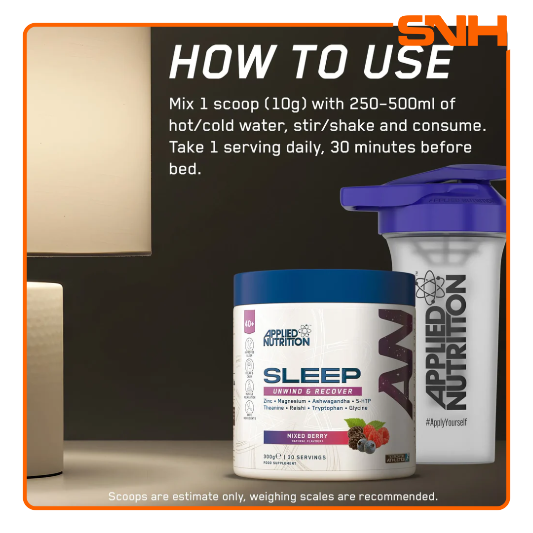 Applied Nutrition Sleep Support Supplement tub, UK-made natural sleep support drink with Magnesium, L-Theanine, 5-HTP, and Ashwagandha