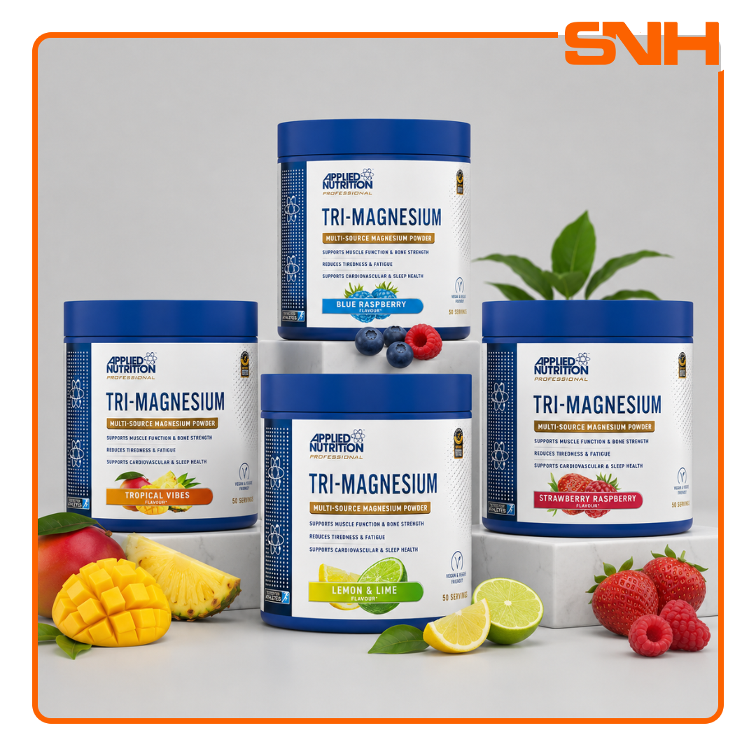 Applied Nutrition Tri-Magnesium Powder tub, UK-made halal triple-form magnesium supplement with Bisglycinate, Taurate, and Citrate per serving