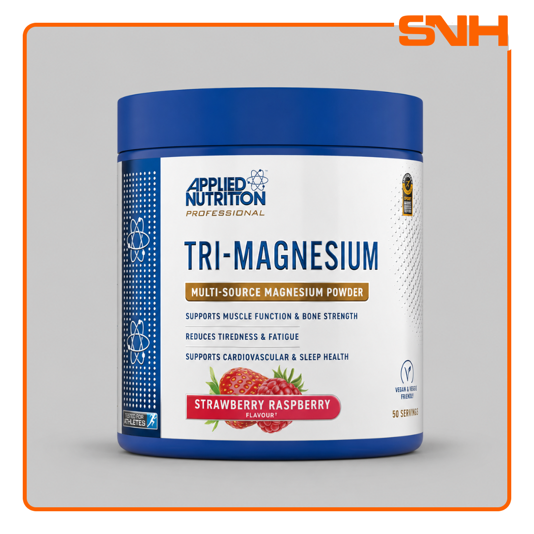 Applied Nutrition Tri-Magnesium Powder tub, UK-made halal triple-form magnesium supplement with Bisglycinate, Taurate, and Citrate per serving