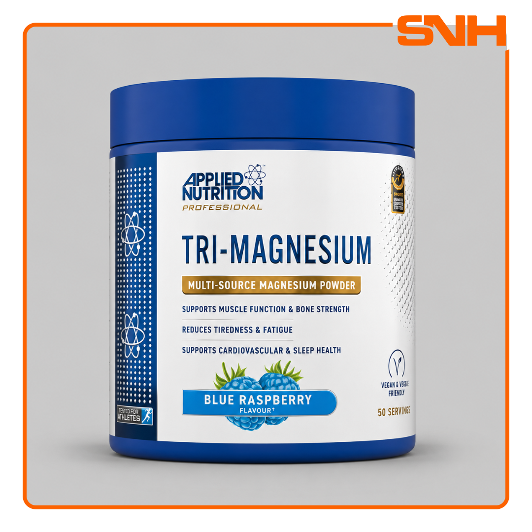 Applied Nutrition Tri-Magnesium Powder tub, UK-made halal triple-form magnesium supplement with Bisglycinate, Taurate, and Citrate per serving