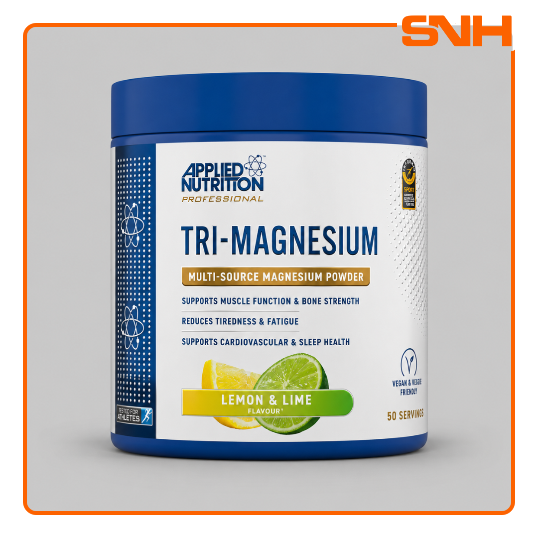 Applied Nutrition Tri-Magnesium Powder tub, UK-made halal triple-form magnesium supplement with Bisglycinate, Taurate, and Citrate per serving