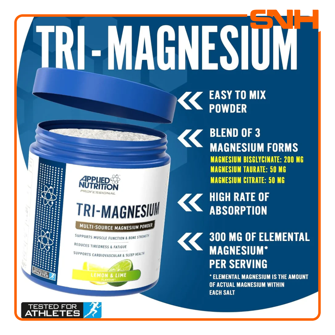 Applied Nutrition Tri-Magnesium Powder tub, UK-made halal triple-form magnesium supplement with Bisglycinate, Taurate, and Citrate per serving