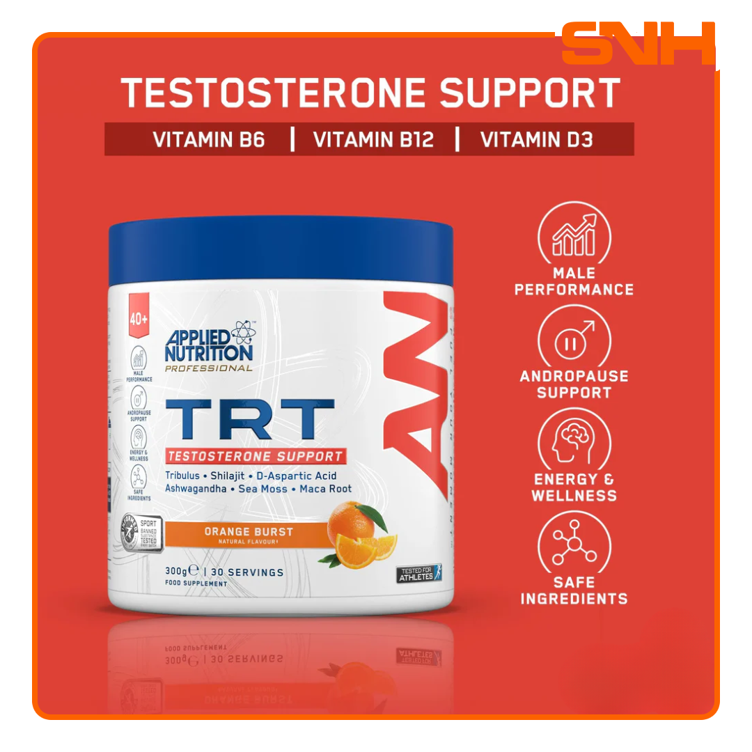 Applied Nutrition TRT Testosterone Support Supplement tub, UK-made Informed Sport testosterone support drink with minerals and adaptogens