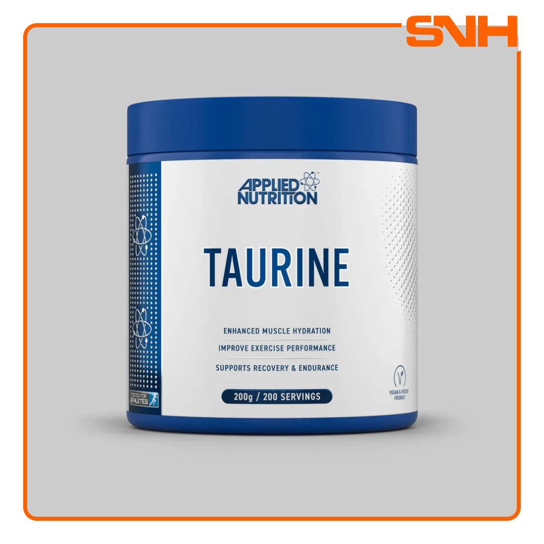 Applied Nutrition Taurine Supplement tub, UK-made halal pure Taurine powder for energy and endurance, performance, and hydration support