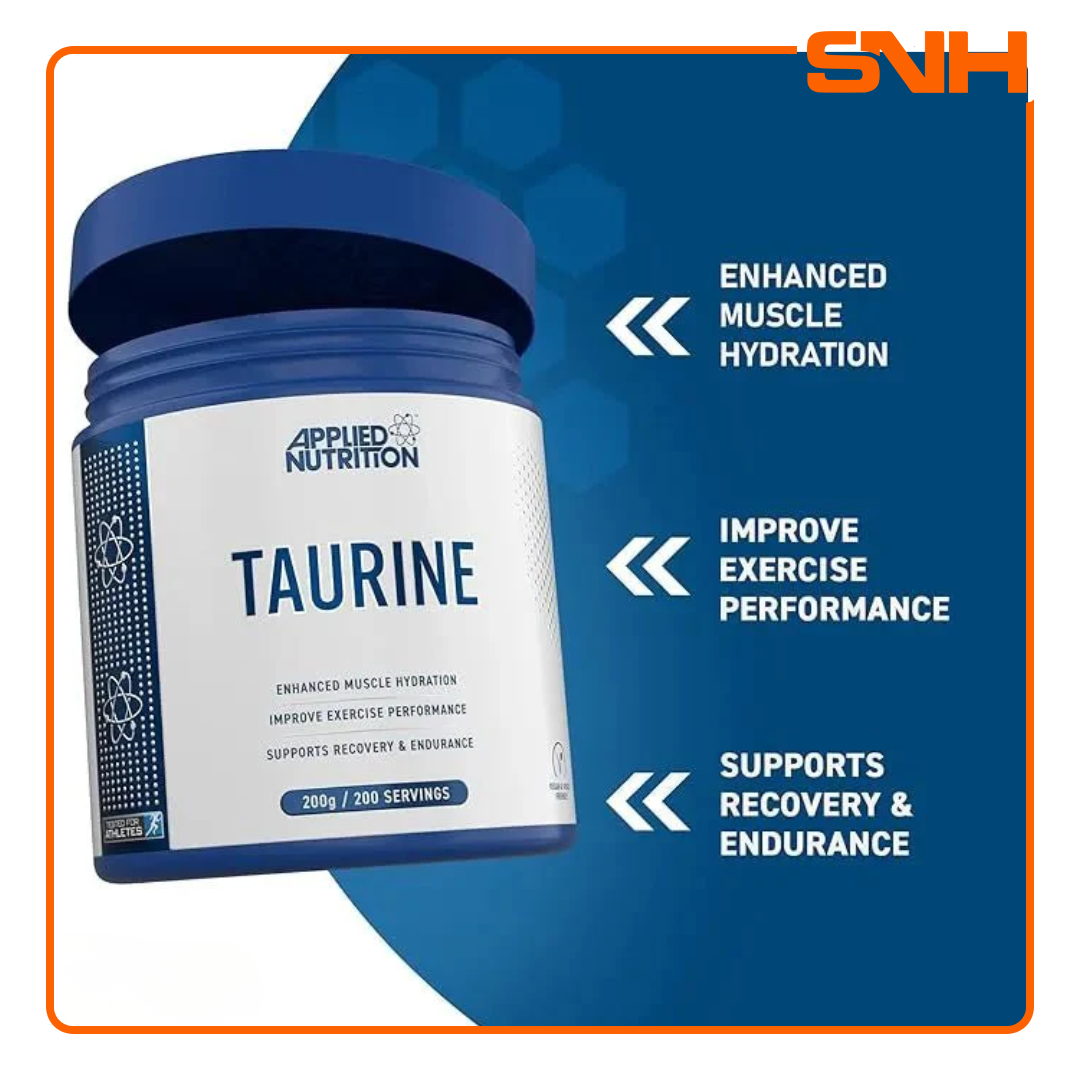 Applied Nutrition Taurine Supplement tub, UK-made halal pure Taurine powder for energy and endurance, performance, and hydration support