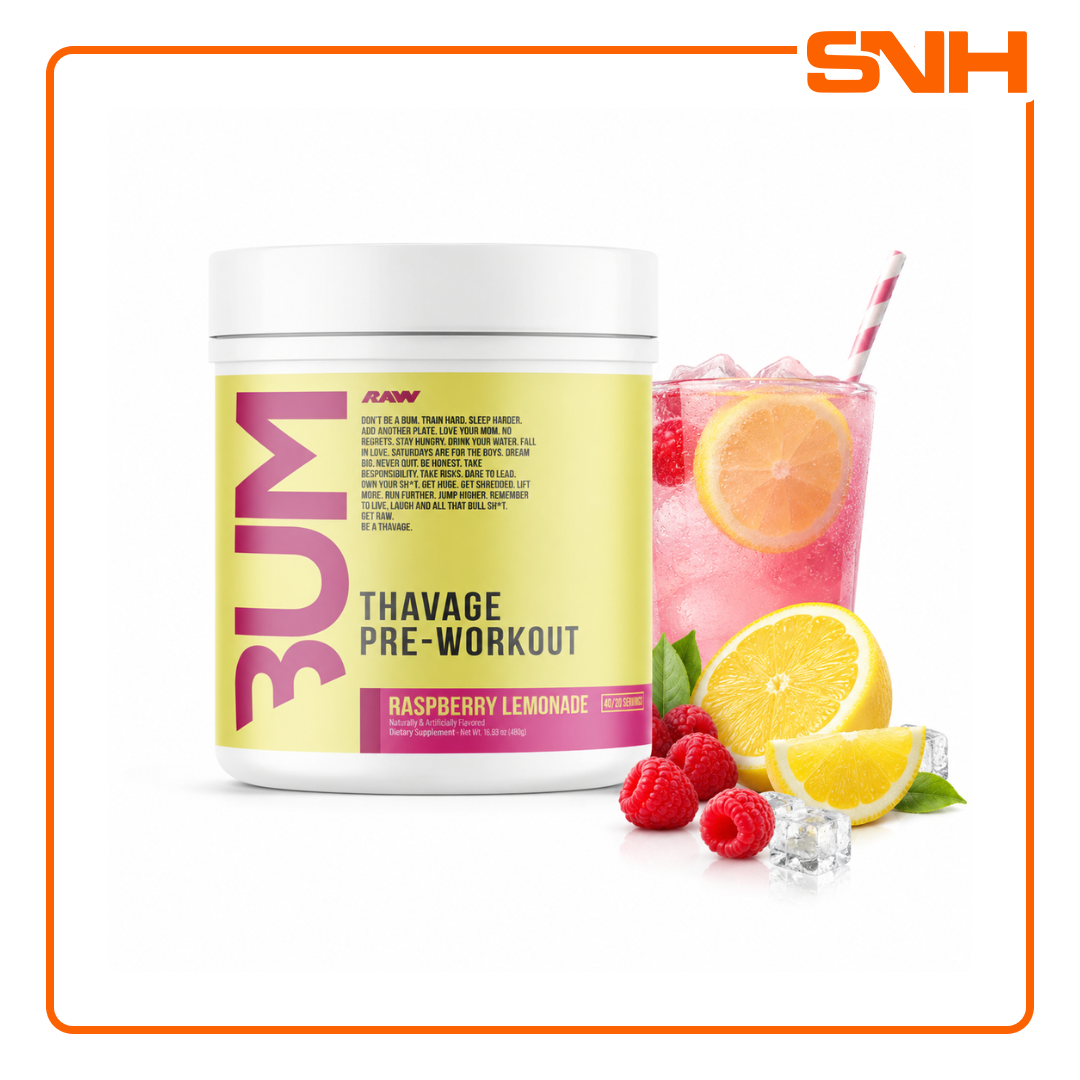 RAW Nutrition Thavage Pre-Workout tub, US-made high-stim pre-workout formulated by Chris Bumstead with Beta Alanine and L-Tyrosine