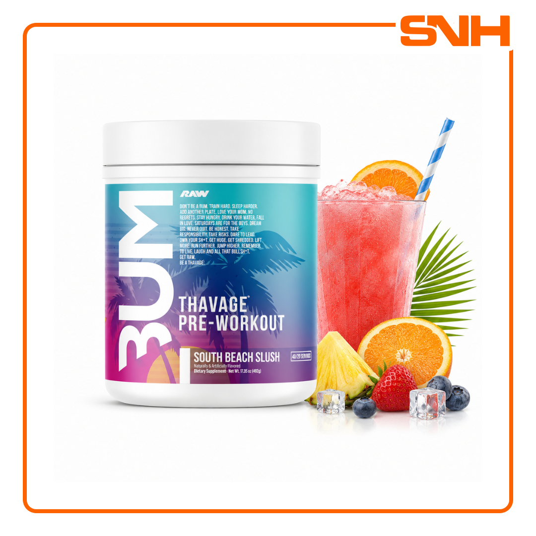 RAW Nutrition Thavage Pre-Workout tub, US-made high-stim pre-workout formulated by Chris Bumstead with Beta Alanine and L-Tyrosine