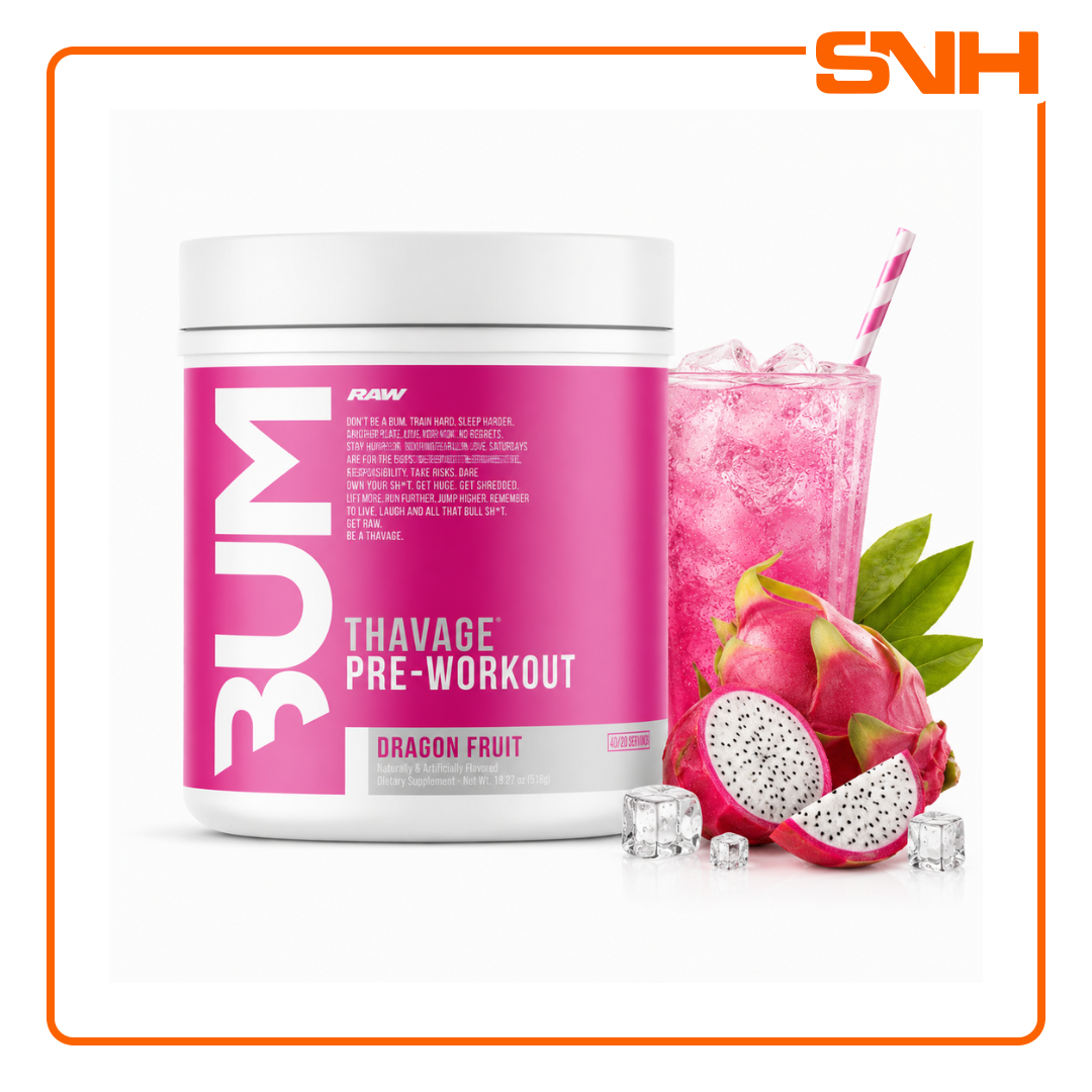 RAW Nutrition Thavage Pre-Workout tub, US-made high-stim pre-workout formulated by Chris Bumstead with Beta Alanine and L-Tyrosine