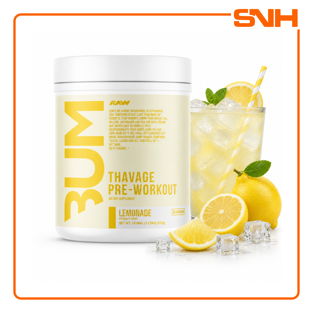 RAW Nutrition Thavage Pre-Workout tub, US-made high-stim pre-workout formulated by Chris Bumstead with Beta Alanine and L-Tyrosine