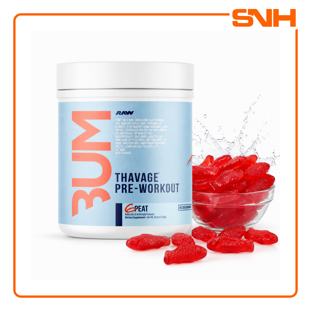 RAW Nutrition Thavage Pre-Workout tub, US-made high-stim pre-workout formulated by Chris Bumstead with Beta Alanine and L-Tyrosine