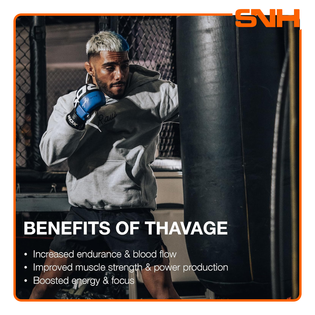 RAW Nutrition Thavage Pre-Workout tub, US-made high-stim pre-workout formulated by Chris Bumstead with Beta Alanine and L-Tyrosine
