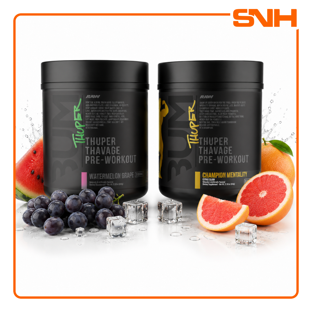 RAW Nutrition Thuper Thavage Pre-Workout tub, US-made loaded high-stim pre-workout with Peak O2 and creatine, formulated by Chris Bumstead