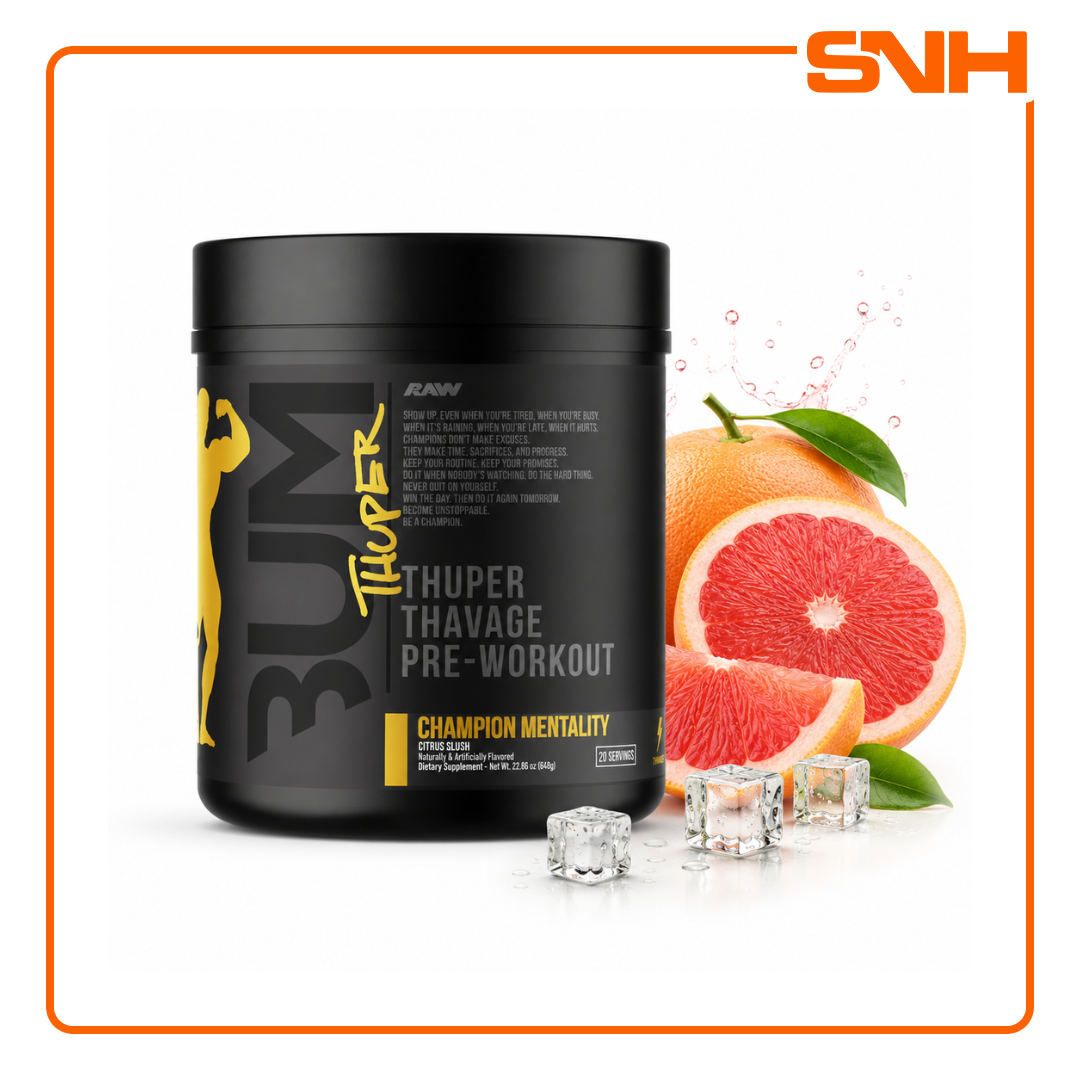 RAW Nutrition Thuper Thavage Pre-Workout tub, US-made loaded high-stim pre-workout with Peak O2 and creatine, formulated by Chris Bumstead