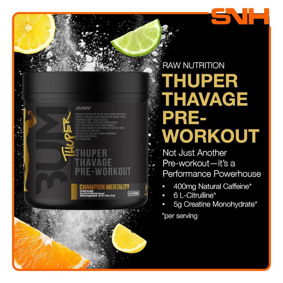 RAW Nutrition Thuper Thavage Pre-Workout tub, US-made loaded high-stim pre-workout with Peak O2 and creatine, formulated by Chris Bumstead