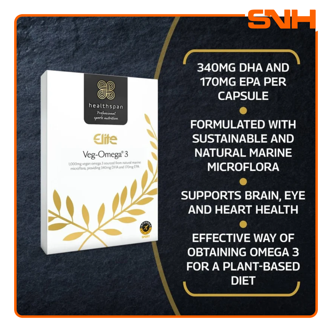Healthspan Elite Veg-Omega 3 1000mg vegan omega 3 capsules from algae, UK-made Informed-Sport certified plant-based supplement