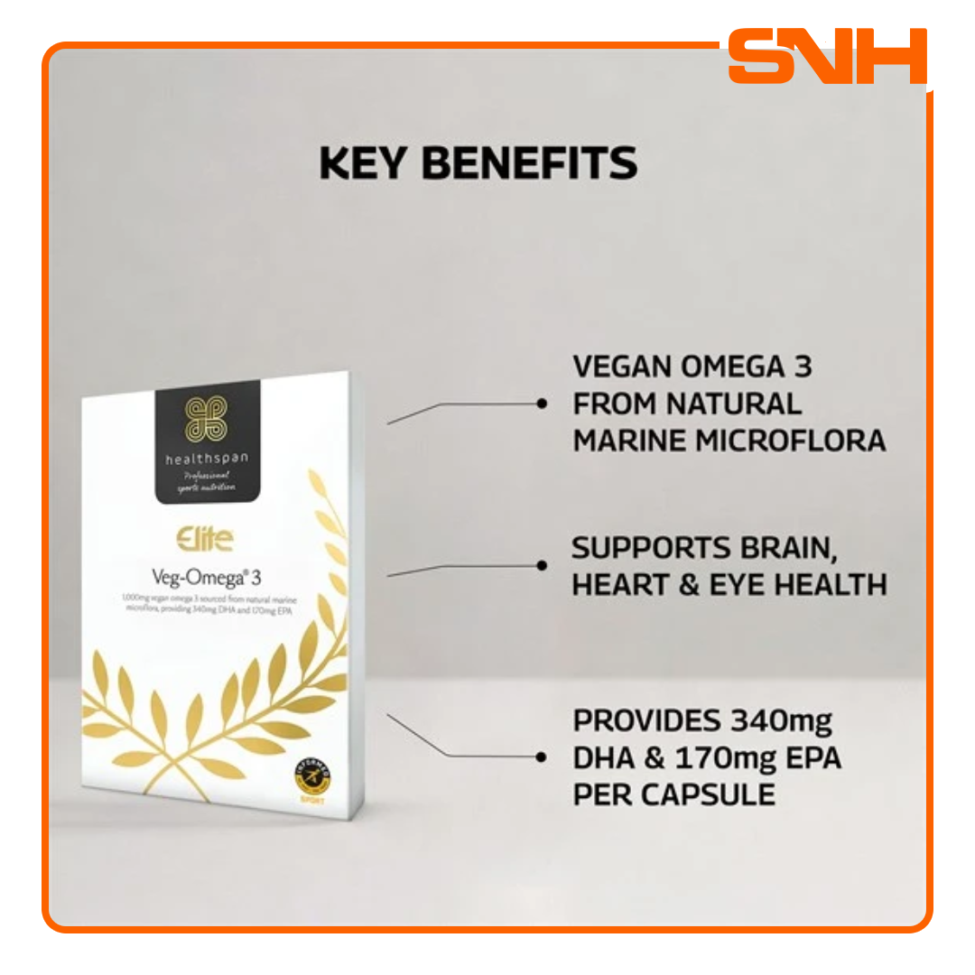 Healthspan Elite Veg-Omega 3 1000mg vegan omega 3 capsules from algae, UK-made Informed-Sport certified plant-based supplement