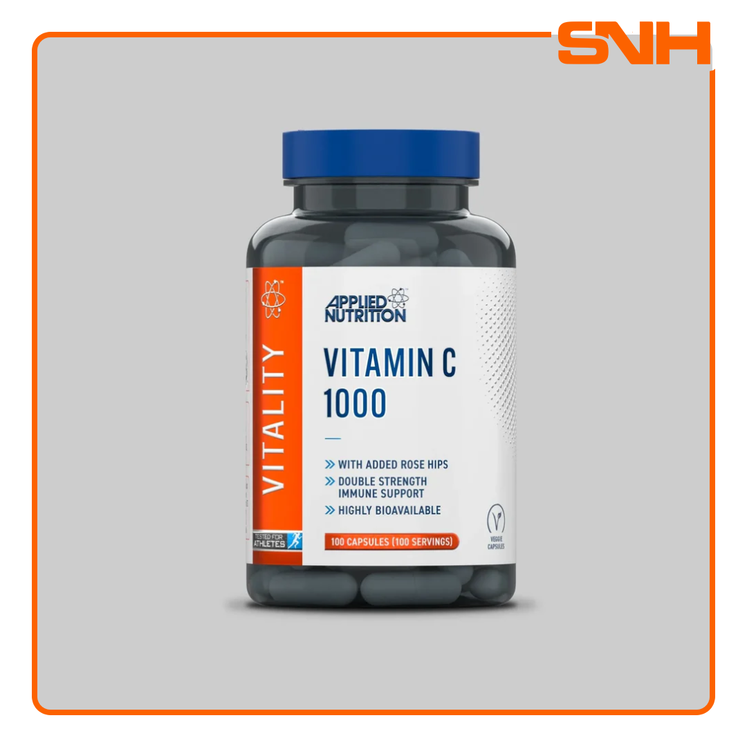 Applied Nutrition Vitamin C 1000mg tablets bottle, UK-made halal vegan-friendly Vitamin C with Rose Hips for immune and antioxidant support