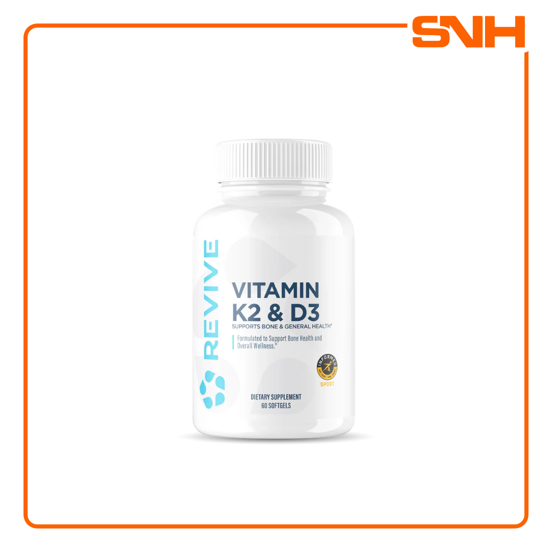 Revive Vitamin D3 & K2 supplement bottle, US-made physician-formulated D3 K2 vitamin capsules with 5000iu vitamin D3 per serving