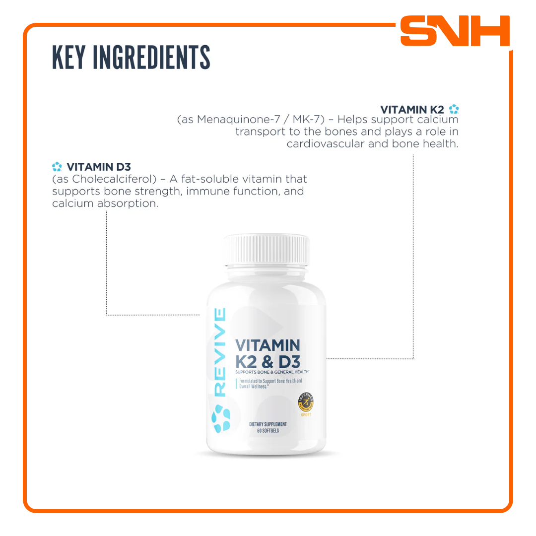 Revive Vitamin D3 & K2 supplement bottle, US-made physician-formulated D3 K2 vitamin capsules with 5000iu vitamin D3 per serving