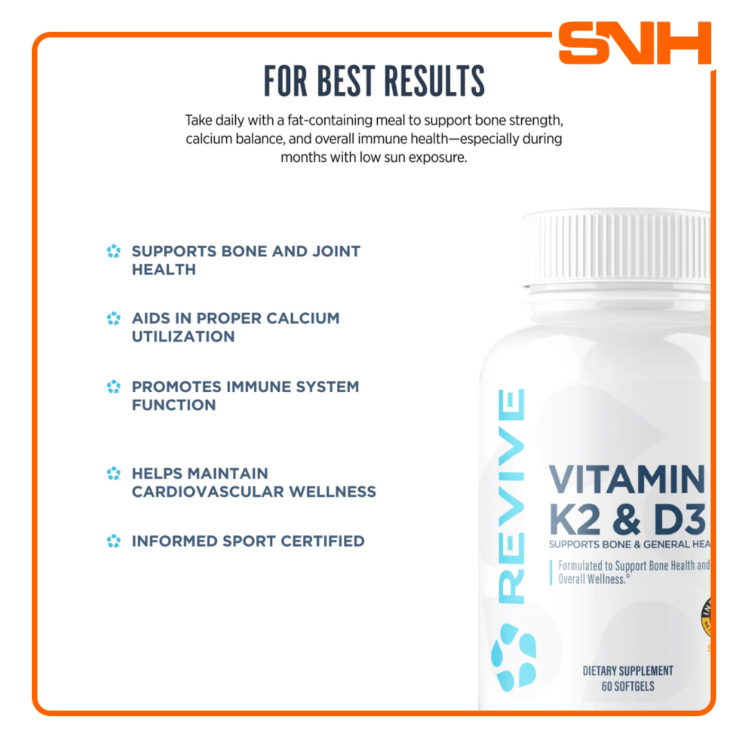 Revive Vitamin D3 & K2 supplement bottle, US-made physician-formulated D3 K2 vitamin capsules with 5000iu vitamin D3 per serving