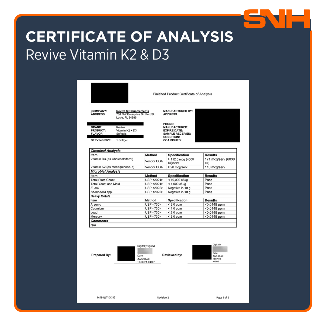 Revive Vitamin D3 & K2 supplement bottle, US-made physician-formulated D3 K2 vitamin capsules with 5000iu vitamin D3 per serving