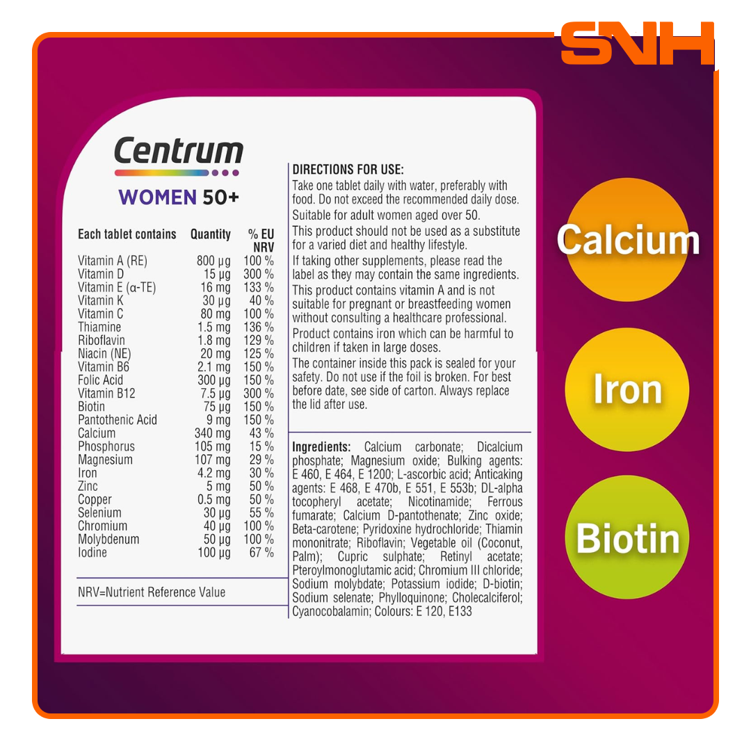 Centrum Women 50+ Multivitamin bottle, daily multivitamin for women in Sri Lanka with calcium, vitamin D and B12 for bone and energy support