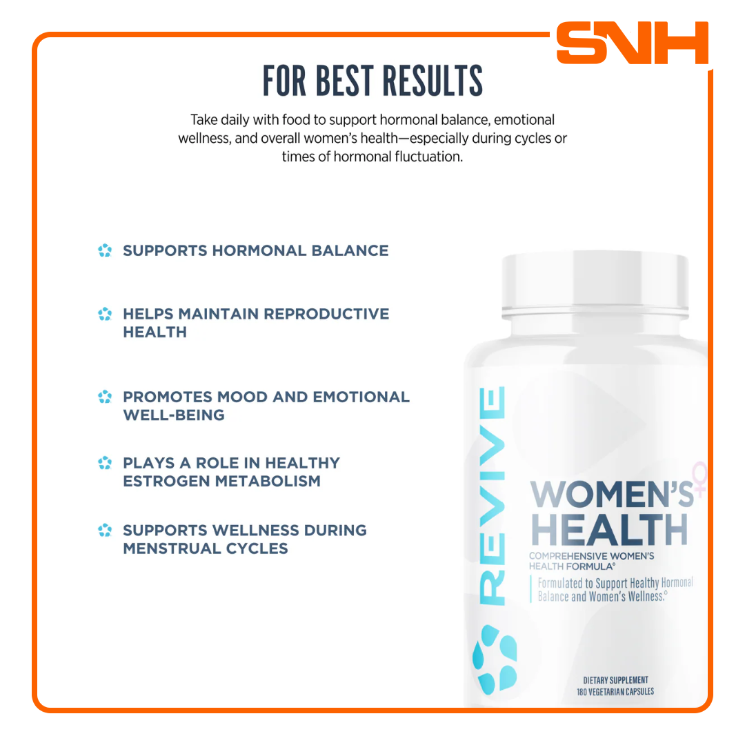 Revive Women's Health supplement bottle, US-made female hormone support multivitamin with cranberry, probiotics and herbal extracts