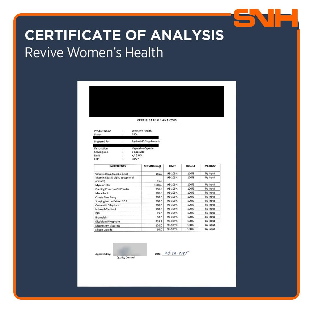 Revive Women's Health supplement bottle, US-made female hormone support multivitamin with cranberry, probiotics and herbal extracts