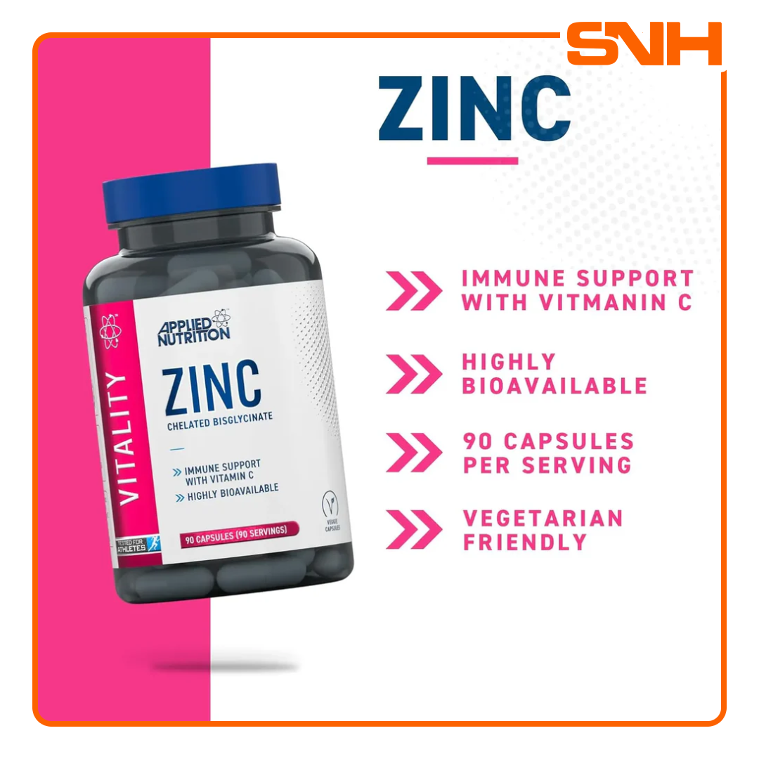 Applied Nutrition Zinc tablets bottle, UK-made halal pure zinc supplement for immune function and recovery during intense exercise