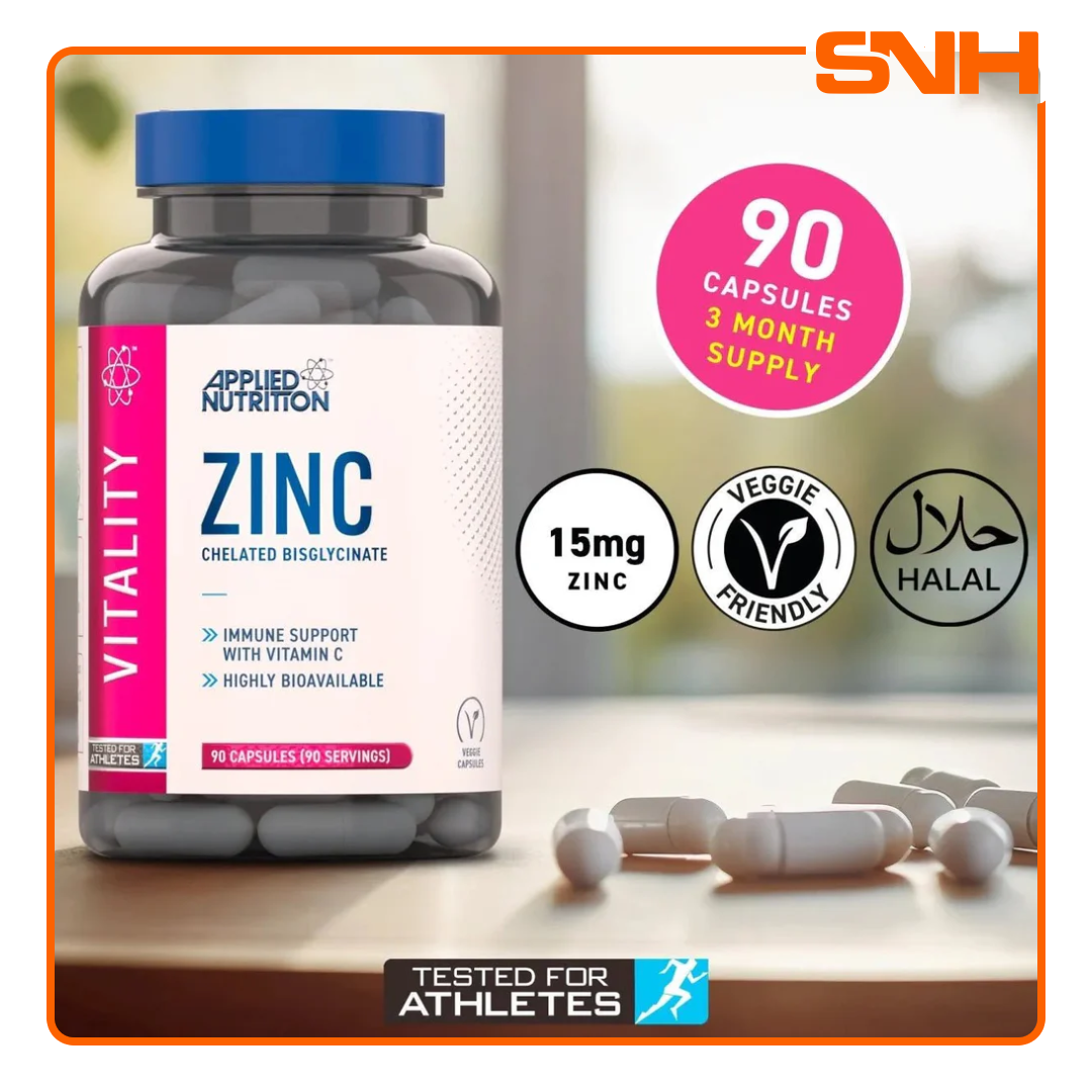 Applied Nutrition Zinc tablets bottle, UK-made halal pure zinc supplement for immune function and recovery during intense exercise