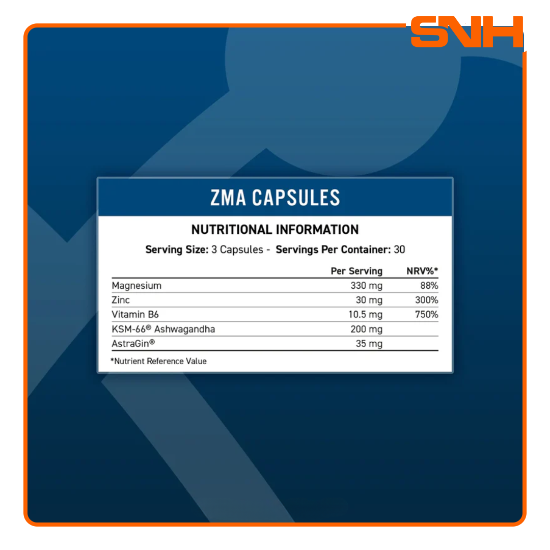 Applied Nutrition ZMA capsules bottle, UK-made halal magnesium and zinc supplement with B6, Ashwagandha, and AstraGin for recovery and sleep