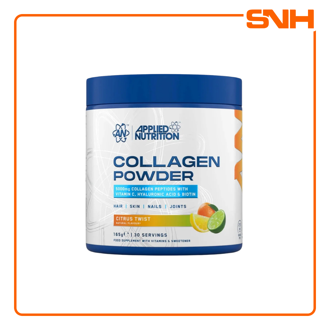A tub of Applied Nutrition Collagen Powder in Citrus Twist flavor, featuring a white label with blue text and a blue lid, set against a white background with an orange border.
