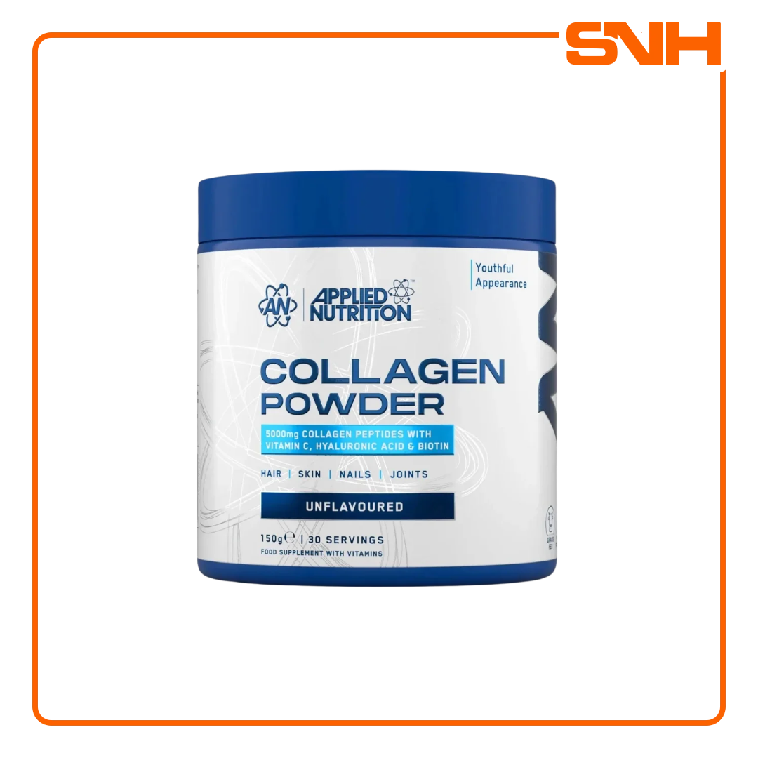 A tub of Applier Nutrition Collagen Powder, unflavoured, with a white and blue label and a blue lid, shown on a white background with an orange border and an SNH logo in the top right corner.