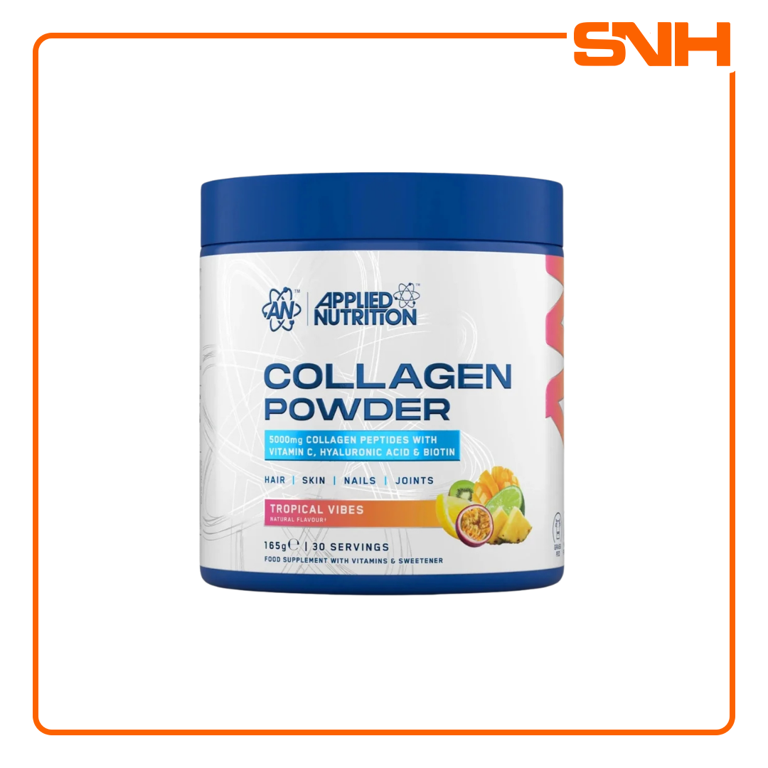 A tub of Applied Nutrition Collagen Powder in Tropical Vibes flavor, featuring a white label with blue text and a blue lid, set against a white background with an orange border.